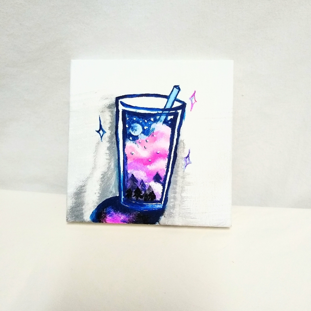 Small Art Pink Clouds Cup and Straw 4in x4inch Pink and Blue Sky Art Accent Gift